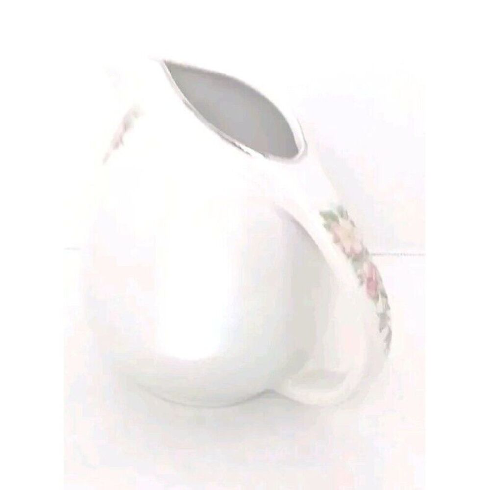 Floral Creamer Pitcher White Porcelain Rose‎ Accent Silver Trim Decor